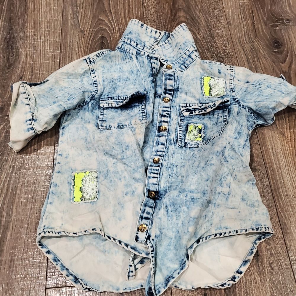 Girls Button Up Jacket Size 10-12 Stylish Girl Denim Jacket with Neon Highlights